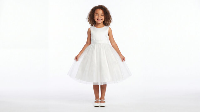 Girl wearing a white tulle dress stands centered against a pure white background, showcasing her formal party attire with a bright and clean studio lighting setup for commercial use.