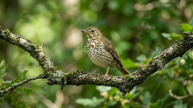 Song thrush perching on a mossy tree branch in the woodland