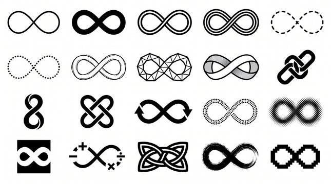 Twenty infinity symbols in grid, solid and patterned variations, abstract loops representing eternity, continuity, and creative mathematical design.