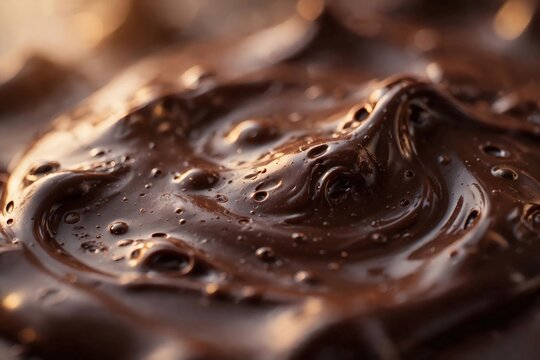 Melted Chocolate Swirl: A close-up macro shot showcases the rich, glossy texture of melted dark chocolate, with enticing swirls and tiny air bubbles, evoking a sense of indulgence and decadence.