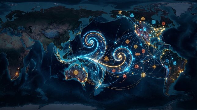 Abstract glowing world map visualization showcasing beautiful Maori Koru and Pacific indigenous patterns over oceans and continents