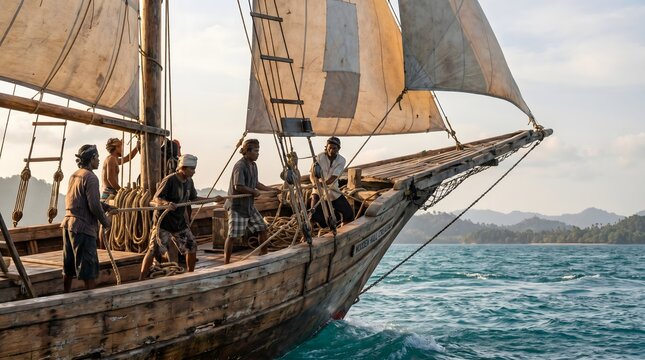 Sailors Navigating a Wooden Schooner on the Sea