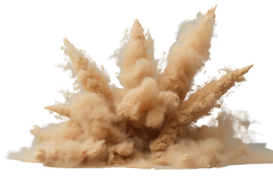 Sand blast explosion creating a powerful dust cloud, impacting with force and debris on transparent background
