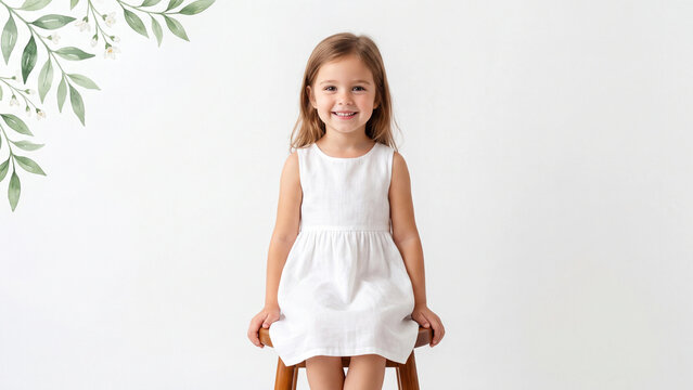 Girl sitting on a wooden stool wears a simple white summer dress while smiling brightly against a clean studio backdrop with delicate green leaf accents.