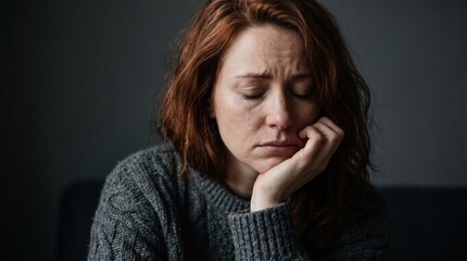 Fototapeta premium Sad lonely woman resting head on hand looking thoughtful and depressed in dim lighting with depressed, thoughtful