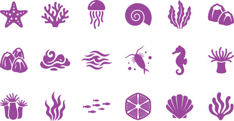 Purple sea life icons set, 18 marine animal and ocean plant vector elements, minimalist aquatic nature symbols for web design and infographics © Ali