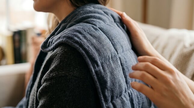 Woman receiving comfort with a weighted blanket on her shoulders