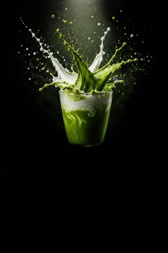 Dynamic matcha green tea splash bursting from a glass on black background, energetic liquid motion with droplets, dramatic beverage advertising shot