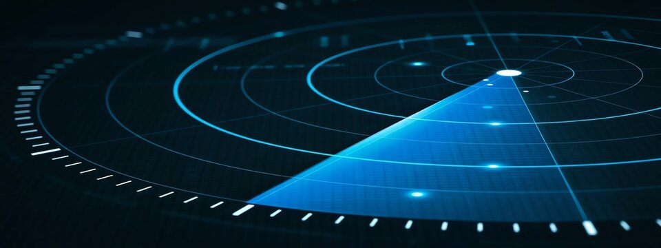 Abstract blue digital radar screen interface with scanning beam tracking targets for military security navigation