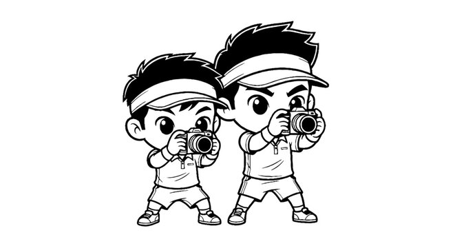 Cartoon twins taking photos with cameras together.