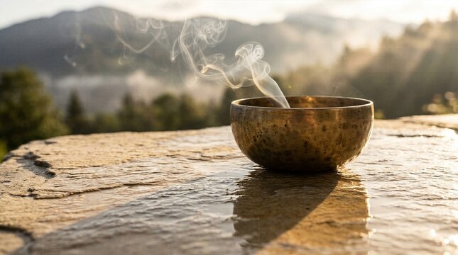 Tibetan singing bowl with smoke on stone outdoors during sunrise with mountain landscape background for meditation and mindfulness.