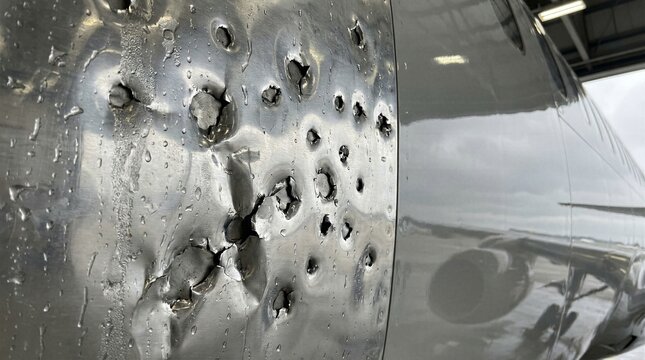 Close up detail of damaged silver airplane fuselage exterior showing multiple bullet holes and pierced metal from conflict or aviation accident.