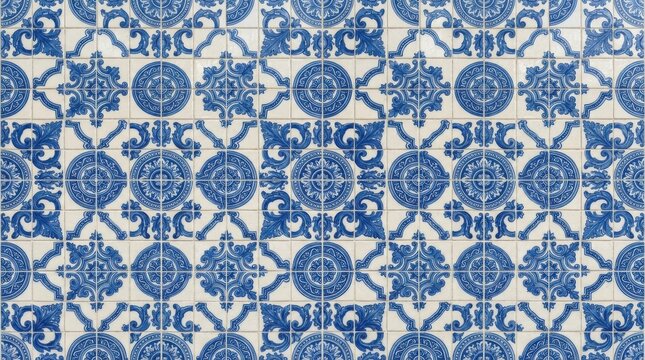 Traditional Portuguese blue and white azulejo ceramic tiles with ornate floral and geometric patterns