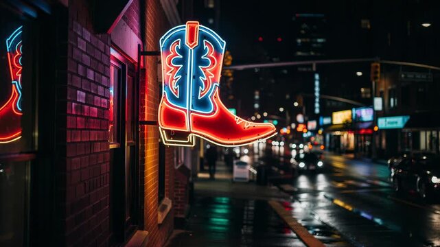 Bright neon cowboy boot sign glowing on urban street at night with blurred city lights and traffic