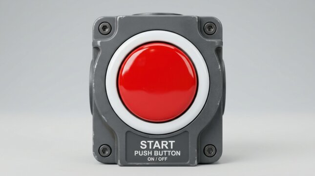 Industrial red start push button switch on a grey electrical control box