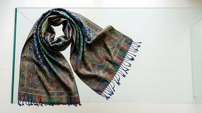 Elegant paisley patterned scarf with tassels on a glass table