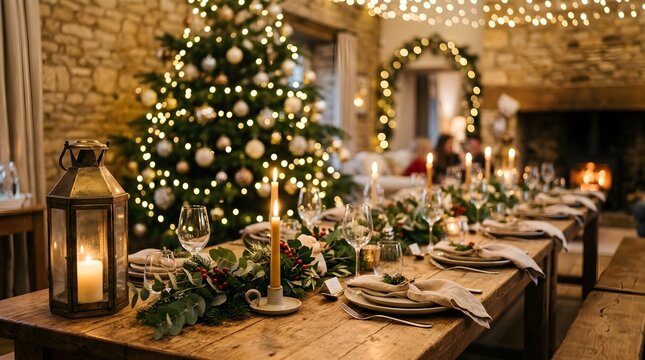 Festive christmas dinner setting long wooden table with candlelight and decorated tree