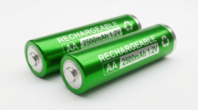 Pair of green rechargeable AA batteries 2500mAh 1.2V isolated on white background