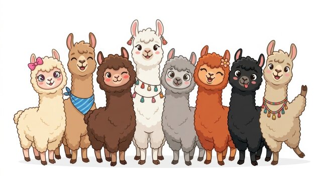 Group of cute cartoon llamas and alpacas standing together on white background