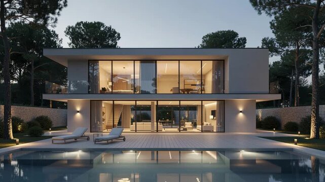 Modern luxury house with large glass windows and outdoor pool surrounded by trees at dusk