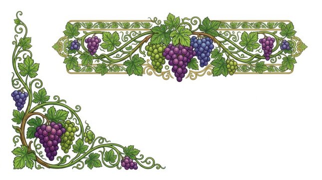 Vintage decorative border illustration with purple and green grape clusters and vines