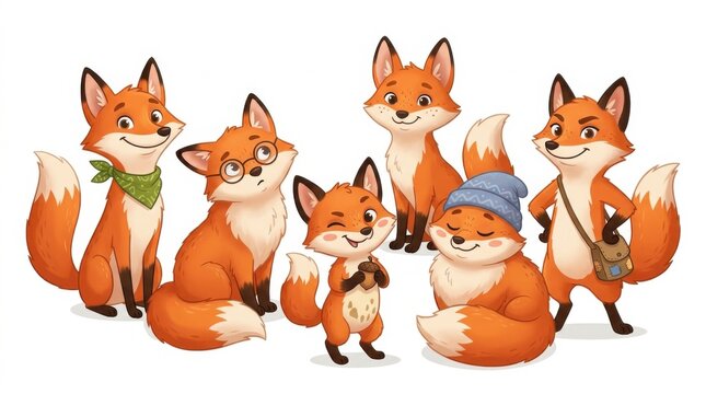 Group of cute cartoon foxes with different accessories and expressions isolated on white background