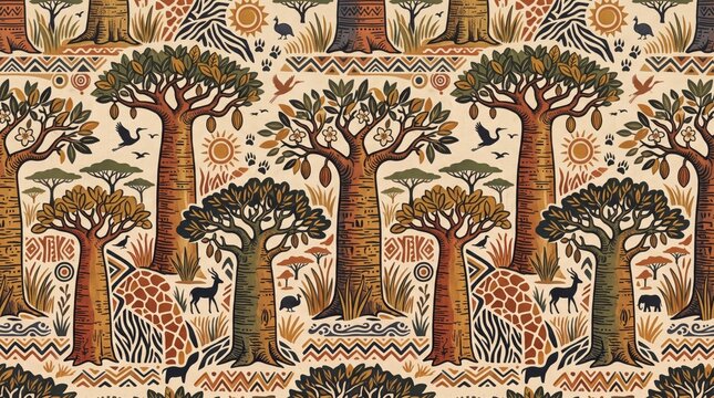 Detailed african savannah safari landscape pattern with baobab trees and wildlife animals savannah landscape wildlife