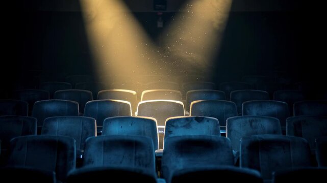 Empty movie theater seats illuminated by dramatic warm stage lights with dust particles in air