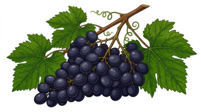 Illustration of fresh purple grape cluster with green leaves on branch isolated on white background
