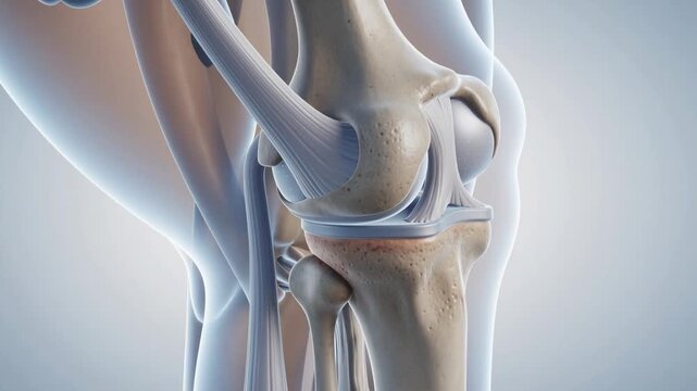 Detailed 3D illustration of human knee joint anatomy showing bones ligaments and cartilage for medical education