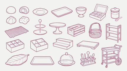 A collection of various serving dishes, trays, baskets, and display stands in a simple line art style. © KN collection
