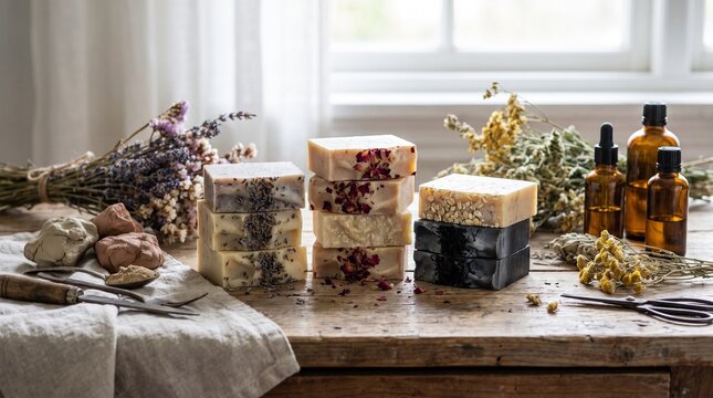 Handmade natural soaps with lavender rose and oatmeal ingredients on a wooden table