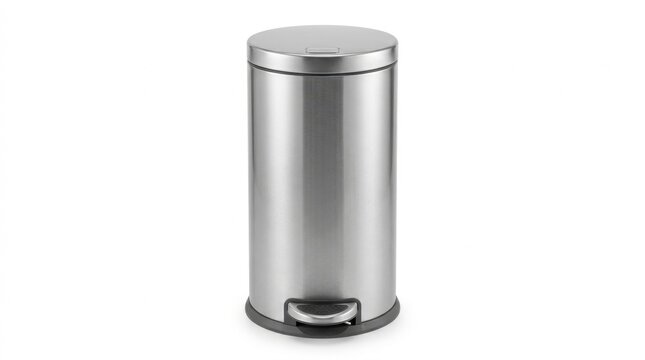 Stainless steel step trash can with foot pedal isolated on a white background