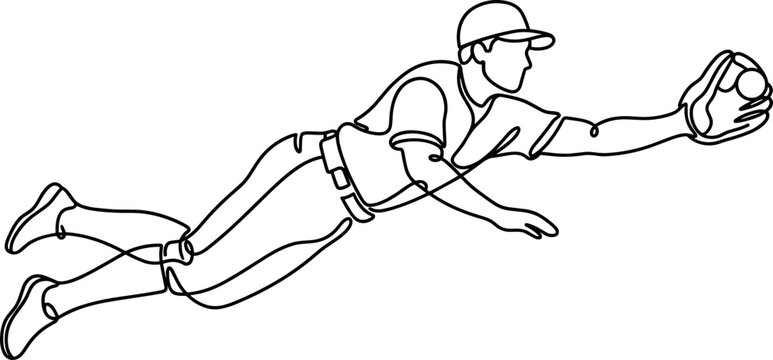Continuous line art of a baseball player diving to catch a ball.