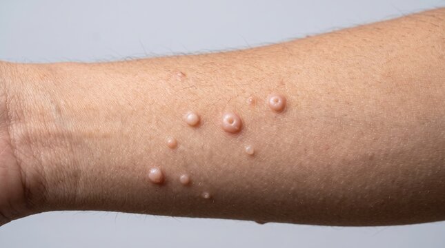 Close up of forearm skin with multiple shiny flesh colored umbilicated papules from molluscum contagiosum