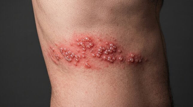 Side profile view of male torso skin with a cluster of painful vesicles from herpes zoster shingles