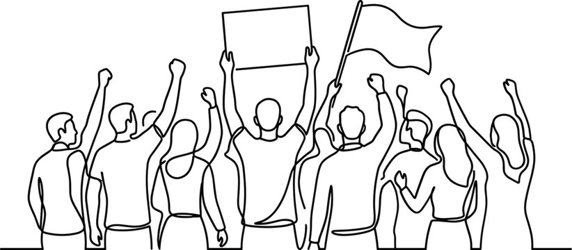 Continuous line art illustration of a group of protesters with signs and flags.