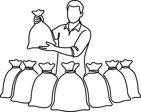 Continuous line drawing of a farmer holding a sack of grain.