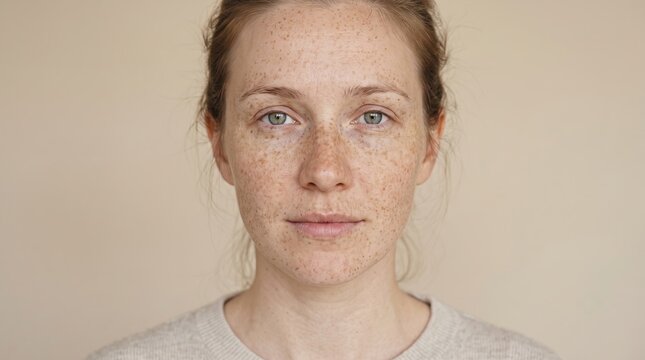 Front view portrait of a young Caucasian woman with dense natural freckles on face