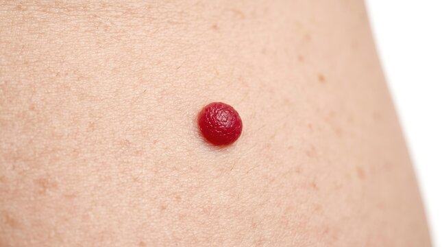 Macro close up shot of a solitary bright red cherry angioma papule on fair skin