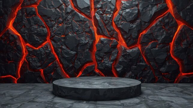 Pixel Art Podium on Lava Terrain with Glowing Red Cracks in Dark Fantasy Style