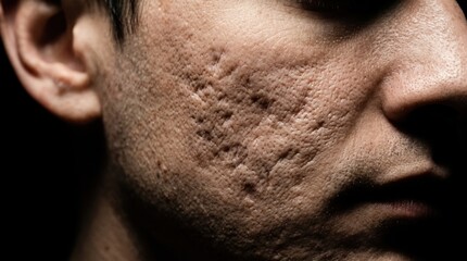 Naklejka premium Macro shot of severe acne scars and textured pockmarks on a man cheek and skin surface