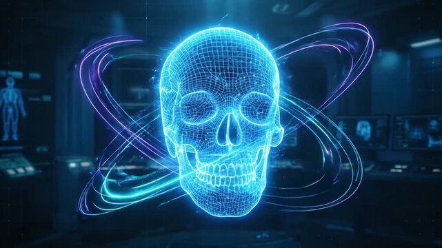 Futuristic digital skull with glowing orbitals in a high-tech environment illustrating advanced visualization and virtual