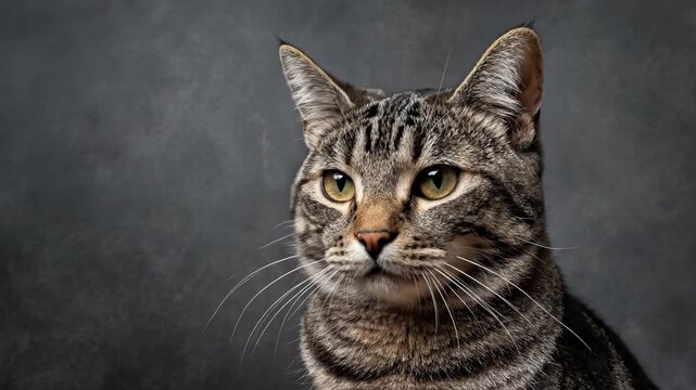 Tabby cat looking up on dark gray background