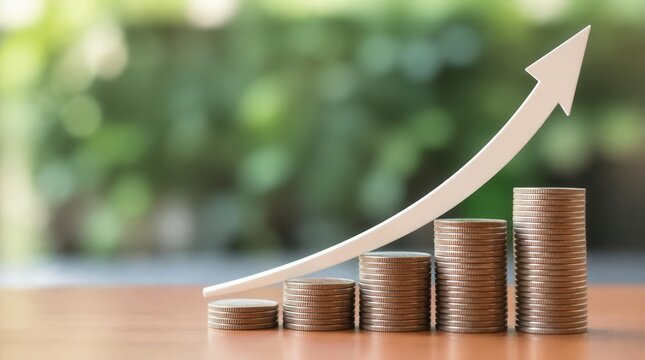 A visual representation of escalating financial prosperity shows stacks of currency coins ascending dramatically alongside a stark white arrow pointing upwards, suggesting economic betterment