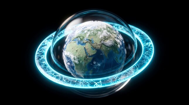 Planet Earth protected inside a glowing blue energy shield