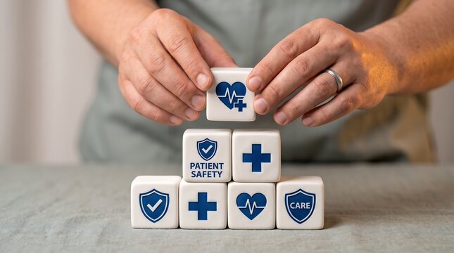 Hands stacking blocks with patient safety and healthcare icons