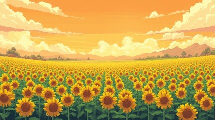 Fototapeta premium Vibrant Sunflower Field in Golden Sunset with Cloudy Sky Landscape