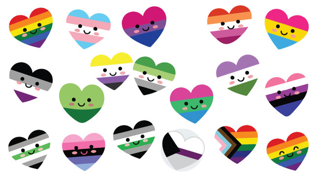 A vibrant collection of cute, kawaii-style hearts representing various LGBTQ+ pride flags, each with a smiling face.