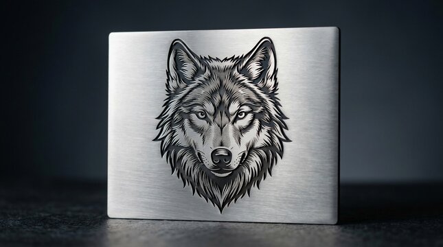 Detailed wolf head illustration etched on brushed metal surface